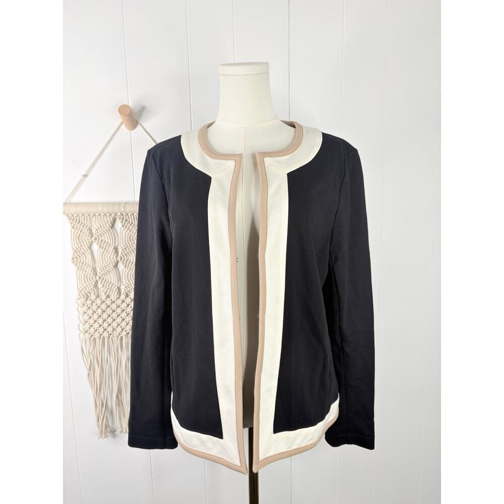 Talbots Collarless Blazer Jacket Size Large Black Colorblock Trim Open Front